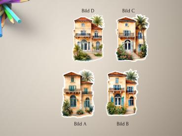 Eine Sammlung von vier Stickern, die mediterrane Villen zeigen. Jede Villa ist im eleganten mediterranen Stil gestaltet, mit Details wie Palmen, üppiger Vegetation, Balkonen und großen Fenstern. Die warmen, sandfarbenen Fassaden und die grünen Gärten verl