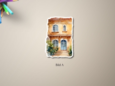 Preview: 4 Aufkleber Set – Malerische Toskanische Villen Preview: Aufkleber einer mediterranen Villa mit gelber Fassade, großen blauen Fenstern und üppiger Vegetation. Bild A.