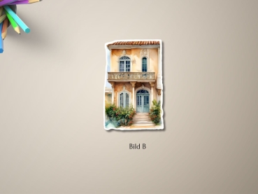 Preview: 4 Aufkleber Set – Malerische Toskanische Villen Preview: Aufkleber einer mediterranen Villa mit gelber Fassade, Balkon im ersten Stock und blauen Fenstern. Bild B.