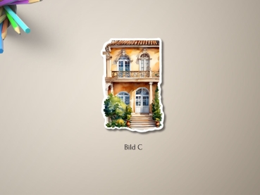Preview: 4 Aufkleber Set – Malerische Toskanische Villen Preview: Aufkleber einer mediterranen Villa mit orangefarbener Fassade, Balkon im ersten Stock und blauen Türen, umgeben von grünen Pflanzen. Bild C.