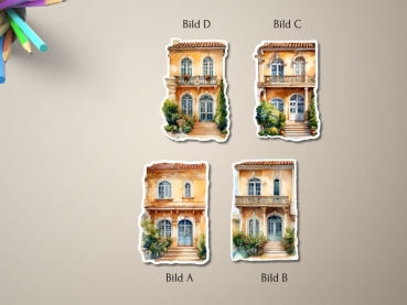Set von vier mediterranen Villen-Aufklebern mit klassischer Architektur, verziert mit Fenstern und Balkonen. Villen sind von grünen Büschen umgeben. Bilder: A, B, C, D.