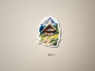 Preview: Sticker Set „Berghütten in idyllischer Berglandschaft“ – 8 malerische Motive Preview: Sticker einer gemütlichen Berghütte auf einer grünen Wiese mit einem Berg im Hintergrund und einem gewundenen Pfad, der zur Hütte führt.