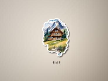 Preview: Sticker Set „Berghütten in idyllischer Berglandschaft“ – 8 malerische Motive Preview: Sticker einer Berghütte mit Holzveranda, umgeben von grünen Wiesen und Bergen im Hintergrund, mit klarer Sicht auf einen majestätischen Gipfel.