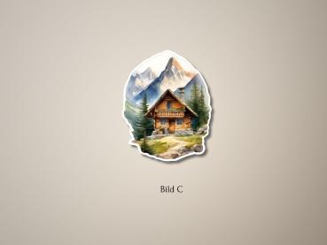 Preview: Sticker Set „Berghütten in idyllischer Berglandschaft“ – 8 malerische Motive Preview: Sticker einer gemütlichen Berghütte aus Holz mit steinernem Fundament, umgeben von hohen Bäumen und Berggipfeln im Hintergrund.