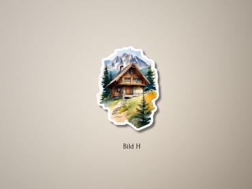 Sticker einer rustikalen Berghütte mit Holzdach, umgeben von Tannenbäumen und malerischen Berggipfeln im Hintergrund, auf einem sonnigen Wiesenhügel.