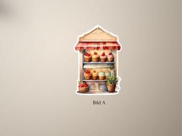 Preview: 4 Süße Stände Sticker Set Preview: Aufkleber im Aquarellstil mit Cupcake-Stand und tropischen Früchten – in Handarbeit gefertigt
