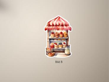 Preview: 4 Süße Stände Sticker Set Preview: Handgefertigter Sticker mit einem Cupcake-Stand und frischen Früchten – perfekt für Planer und Scrapbooking