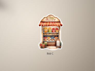 Preview: 4 Süße Stände Sticker Set Preview: Sticker im Aquarellstil mit einem bunten Dessert-Stand – ideal für kreative Projekte