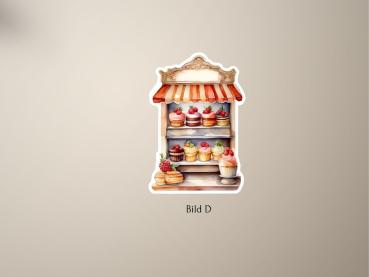 Sticker im Aquarellstil mit einem Cupcake-Stand voller Leckereien und Obst – ideal für kreative Projekte
