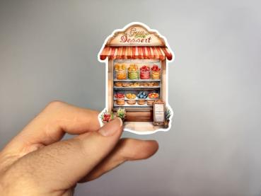 Dekorativer Aufkleber eines süßen Dessert-Stands mit tropischen Früchten und Leckereien – handgefertigt