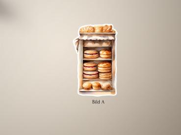 Preview: 4 Bäckereistände Sticker Set Preview: Illustration eines rustikalen Brotvitrinen-Aufklebers, Bild A, mit einer Auswahl an runden Brötchen, gefüllten Backwaren und Broten, in einem handgezeichneten Stil.