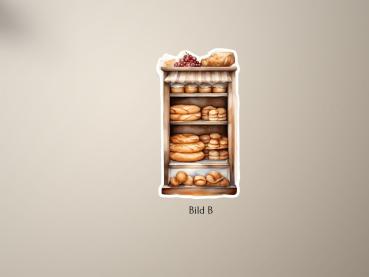 Preview: 4 Bäckereistände Sticker Set Preview: Illustration eines rustikalen Brotvitrinen-Aufklebers, Bild B, gefüllt mit verschiedenen Broten, Baguettes und Gebäck, präsentiert auf mehreren Regalböden im handgezeichneten Stil.