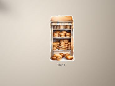 Preview: 4 Bäckereistände Sticker Set Preview: Illustration eines rustikalen Brotvitrinen-Aufklebers, Bild C, mit einer Vielzahl von Broten und Gebäck, sorgfältig auf drei Regalböden präsentiert, handgezeichnet im Vintage-Stil.