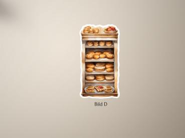 Illustration eines rustikalen Brotvitrinen-Aufklebers, Bild D, mit einer vielfältigen Auswahl an Broten, Brötchen und Gebäck, auf mehreren Regalböden ordentlich gestapelt, handgezeichnet im Vintage-Stil.