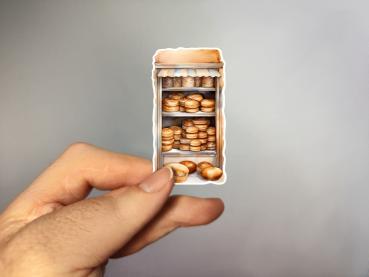 Hand hält einen Aufkleber, der eine Vitrine mit einer Auswahl an Backwaren zeigt, Bild C. Die Illustration zeigt frisch gebackene Brötchen und Brote, die in mehreren Regalen gestapelt sind, mit zusätzlichen Backwaren auf dem unteren Regal.