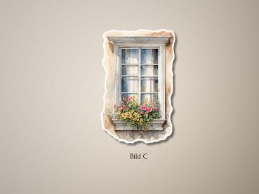 Preview: 4 Blumige Fensterrahmen Sticker Set Preview: Handgefertigtes Aquarellbild eines Vintage-Fensters mit Blumenkasten – Bild C