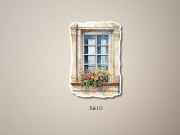 Handgefertigter Aquarell-Aufkleber eines Vintage-Fensters mit Blumenkasten – Bild D