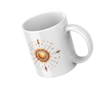 Weißer Keramikbecher mit einem strahlenden Boho-Sonnenmotiv, das von Pfeilen, Federn und feinen Ornamenten umgeben ist. Ein wunderschönes Design, ideal für Liebhaber spiritueller Symbole und boho-inspirierter Kunst.