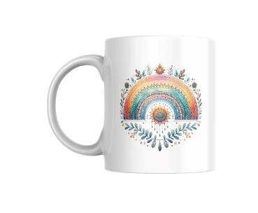 Preview: Boho-Tasse mit Regenbogen- und Sonnenornament – Personalisiert Preview: Weißer Keramikbecher mit einem Boho-Regenbogenmotiv, verziert mit floralen Details, Mandala-Elementen und Federn. Ein harmonisches Design, ideal für Liebhaber spiritueller und boho-inspirierter Kunst.