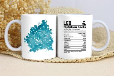 Preview: Personalisierte Sternzeichen-Tasse mit witzigen „Nährwertangaben“ – Ein einzigartiges Geschenk für Astrologie-Fans Preview: Weiße Tasse mit dem Sternzeichen-Symbol Löwe auf einer Seite und humorvollen ‚Nährwertangaben‘ zur Persönlichkeit des Löwen auf der anderen Seite. Perfektes, personalisierbares Geschenk für Astrologie-Fans und alle, die im Sternzeichen Löwe geboren sind.