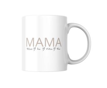 Preview: Personalisierte Tasse mit Kindernamen für Mama, Papa, Oma & Opa Preview: Personalisierte weiße Keramiktasse mit der Aufschrift 'MAMA' in großen, dezenten Buchstaben. Darunter sind die Namen 'Melanie, Jan, Katrin, Alina' in eleganter Schrift mit kleinen Herzen zwischen den Namen abgebildet – ein stilvolles und liebevolles Gesch