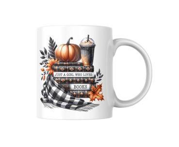Preview: Herbst/Halloween Tasse für Bücherliebhaber - Just a Girl Who Loves Books Preview: Herbst-/Halloween-Tasse für Bücherliebhaber mit der Aufschrift 'Just a Girl Who Loves Books'. Die Tasse ist mit einem herbstlichen Design gestaltet, das einen Bücherstapel zeigt, verziert mit einem Kürbis, einem herbstlichen Getränk, einem karierten Schal