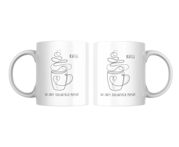 Minimalistische Kaffeetasse mit linearem Design und der Aufschrift ‚Kaffee für einen großartigen Moment‘. Ideal für entspannte Kaffeepausen und ein stilvolles Geschenk für Kaffeeliebhaber.
