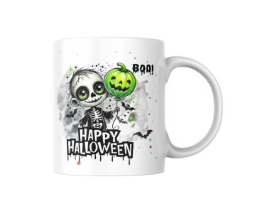 Preview: Tasse mit Halloween-Skelettkostüm und Kürbis-Ballon Preview: Eine Tasse mit einem niedlichen Halloween-Design zeigt eine Figur im Skelettkostüm, die einen Kürbis-Ballon hält. Die Figur hat große Augen und strahlt Freude aus, umgeben von einer bunten, festlichen Atmosphäre. Der Schriftzug