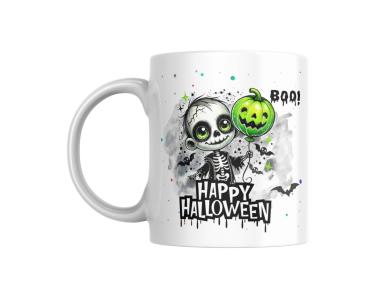 Preview: Tasse mit Halloween-Skelettkostüm und Kürbis-Ballon Preview: Weiße Halloween-Tasse mit niedlichem Skelett-Kind, das einen grünen Kürbis-Luftballon hält. Der Schriftzug 'Happy Halloween' darunter sowie umherfliegende Fledermäuse und bunte Farbspritzer sorgen für eine fröhlich-gruselige Atmosphäre.