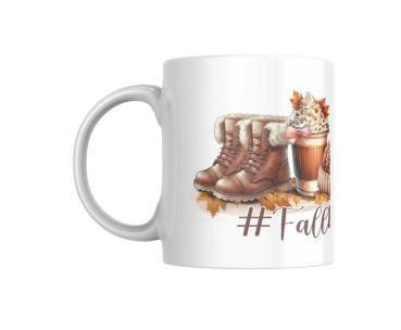 Preview: Herbsttasse mit gemütlichem Design - #FallBasics Preview: Eine weiße Keramiktasse mit einem herbstlichen Design, das eine Kombination aus braunen gefütterten Stiefeln und einem Becher mit Sahne und einer rosa Schleife zeigt. Der Becher ist dekoriert mit bunten Herbstblättern, die die gemütliche Atmosphäre der He