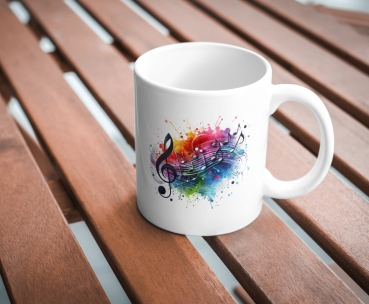 Weiße Keramik-Tasse mit farbenfrohem Musiknoten-Design, auf einem Holztisch im Freien präsentiert. Perfekt für Musikliebhaber und ideal für Kaffee- oder Teepausen.