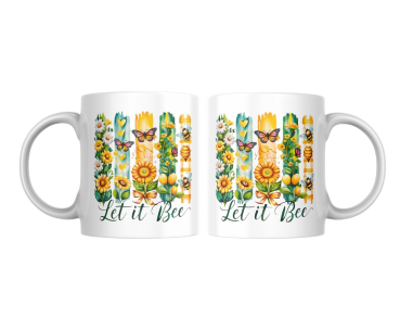 Zwei Ansichten einer weißen Keramiktasse mit dem farbenfrohen Naturdesign „Let it Bee“, verziert mit Sonnenblumen, Bienen, Schmetterlingen und Herzen.