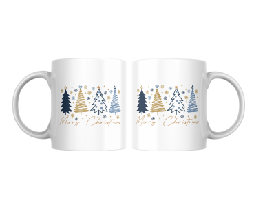 Zwei Merry-Christmas-Tassen mit blau-goldenen Weihnachtsbäumen, beidseitiger Sublimationsdruck.