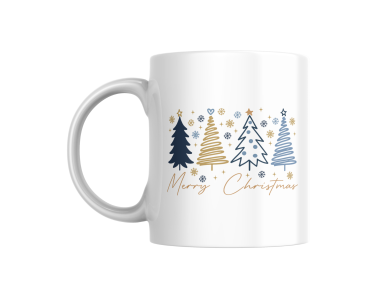 Keramiktasse Merry Christmas mit stilisierten Weihnachtsbäumen in Blau und Gold, linke Produktansicht auf weißem Hintergrund.