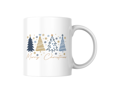 Weiße Keramiktasse mit blau-goldenem Weihnachtsbaum-Motiv, rechte Produktansicht auf neutralem Hintergrund.