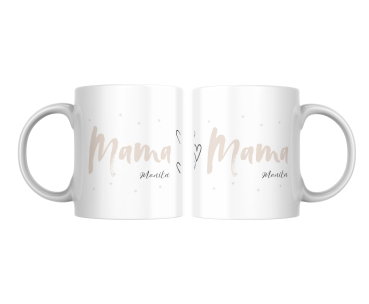 Produktansicht der personalisierten Mama-Tasse aus zwei Perspektiven.