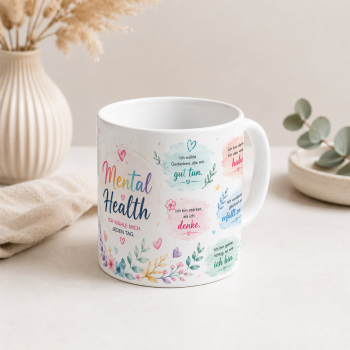 Weiße Keramiktasse mit Mental Health Motiv, deutschen Affirmationen, kleinen Herzen, Blüten und Blättern auf hellem dekorativem Hintergrund.