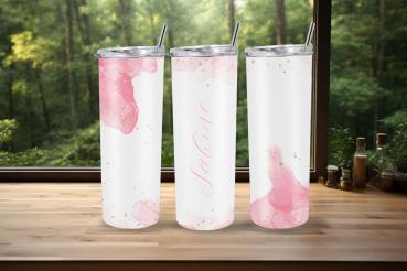 Personalisierter Thermobecher mit rosa Aquarell-Design und Namen, ideal für Menschen, die einen individuellen Becher suchen oder ein personalisiertes Geschenk machen möchten.