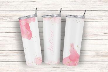 Personalisierter Thermobecher mit einem eleganten rosa Aquarell-Design und goldenen Akzenten, abgebildet mit dem Namen „Sabine“. Der Becher ist aus Edelstahl und hat einen doppelwandigen Aufbau, der für lange Temperaturerhaltung sorgt