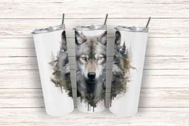 Drei Thermobecher mit künstlerischem Wolfsmotiv, das das Gesicht eines grauen Wolfs und eine nebelige Waldlandschaft im Hintergrund zeigt. Das Design hat einen Wasserfarben-Effekt, bei dem die Farben an den Rändern verlaufen. Die Becher sind mit silbernen