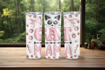 Thermobecher mit 'Cat Mama'-Design. Verspieltes Motiv mit rosa Schleifen, Sternen, Blumen und einer süßen Katzengrafik. Perfekt für alle Katzenliebhaberinnen.