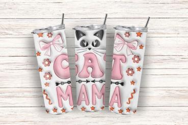 Weißer Thermobecher mit der Aufschrift 'CAT MAMA' in rosa Buchstaben. Der Becher ist verziert mit einer Katzengrafik, rosa Schleifen und Blumenmustern sowie orangefarbenen Sternen. Perfekt für Katzenliebhaber.