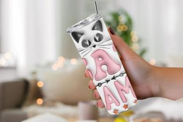 Thermobecher mit 'Cat Mama'-Design, gehalten in Rosa und Weiß. Detailreiches Motiv mit großen Buchstaben, einer niedlichen Katzengrafik und kleinen Stern- und Schleifenverzierungen. Ideal für Katzenliebhaberinnen.
