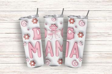 Weißer Thermobecher mit der Aufschrift 'DOG MAMA' in rosa Buchstaben. Der Becher ist mit einer Pfotenabdruck-Grafik, rosa Schleifen, Blumenmustern und Spiralmustern verziert. Ideal für Hundeliebhaber.