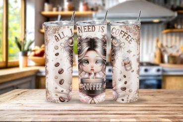 Thermobecher in Cremefarben mit einer niedlichen Illustration eines Mädchens mit großen Augen, das eine dampfende Kaffeetasse hält, umgeben von Kaffeebohnen und verzierten Details mit der Aufschrift 'All I Need is Coffee'.
