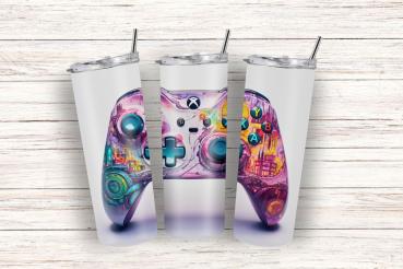 Drei Thermobecher mit lebendigem Gaming-Controller-Design in futuristischen Farben, inspiriert von Neonlichtern und urbanen Motiven. Perfekt für Gaming-Enthusiasten und Fans moderner, farbenfroher Designs.