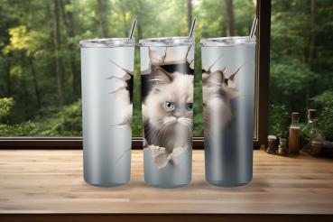 Thermobecher mit einem niedlichen Druck einer neugierigen weißen Katze mit blauen Augen, die durch ein realistisches Loch in der Wand schaut. Der Effekt des zerbrochenen Papiers umrahmt das Gesicht der Katze und verleiht dem Becher einen lebendigen und dr