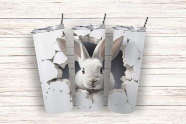 Thermobecher mit einem charmanten Design eines weißen Kaninchens, das durch ein realistisches Loch in der Oberfläche schaut. Der Hintergrund des Bechers ist in einem matten Weiß gehalten, was den Effekt des gebrochenen Materials und das Kaninchen in der M