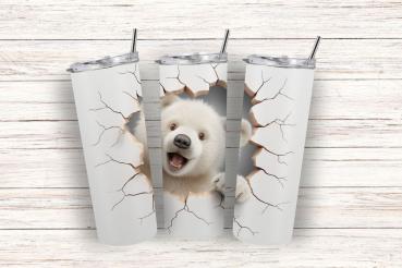 Thermobecher mit Design eines fröhlichen Eisbären, der aus einem realistisch wirkenden Riss in der Becheroberfläche hervorschaut. Die Risse im Design vermitteln den Eindruck, als würde der Eisbär direkt durch die Oberfläche brechen. Der Hintergrund ist sc