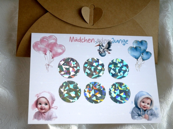 Holografische Gender-Reveal-Karte in A6-Format mit 6 Rubbelstickern und stilvollem Design, inkl. Umschlag.